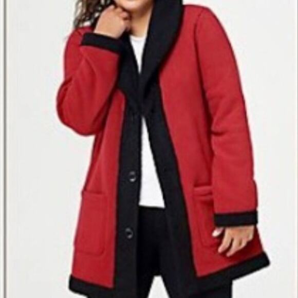 NEW Susan Graver Reversible Red Black Button Up Fleece Jacket Coat Size 2X - Picture 1 of 16